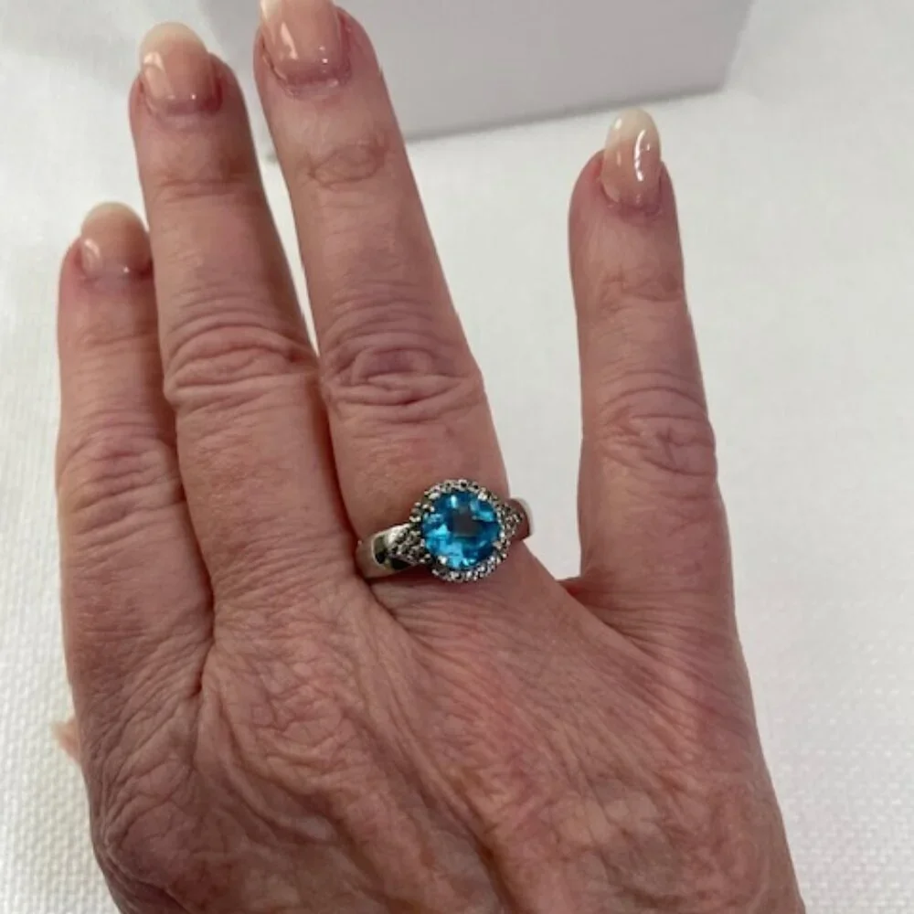 Sterling silver and London blue topaz and moisonnite cocktail ring.